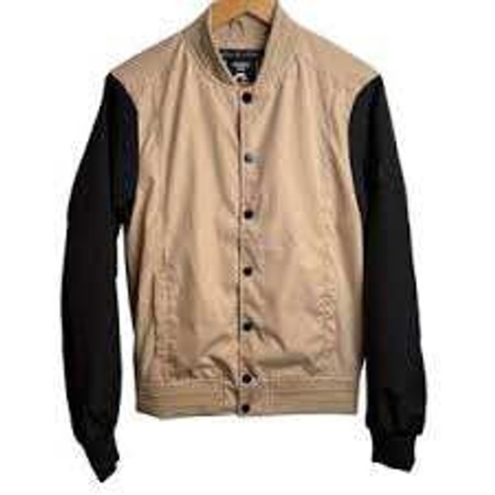 Fried Denim NYC Mens Small Tan Black Colorblock Varsity Bomber Jacket Snap Front